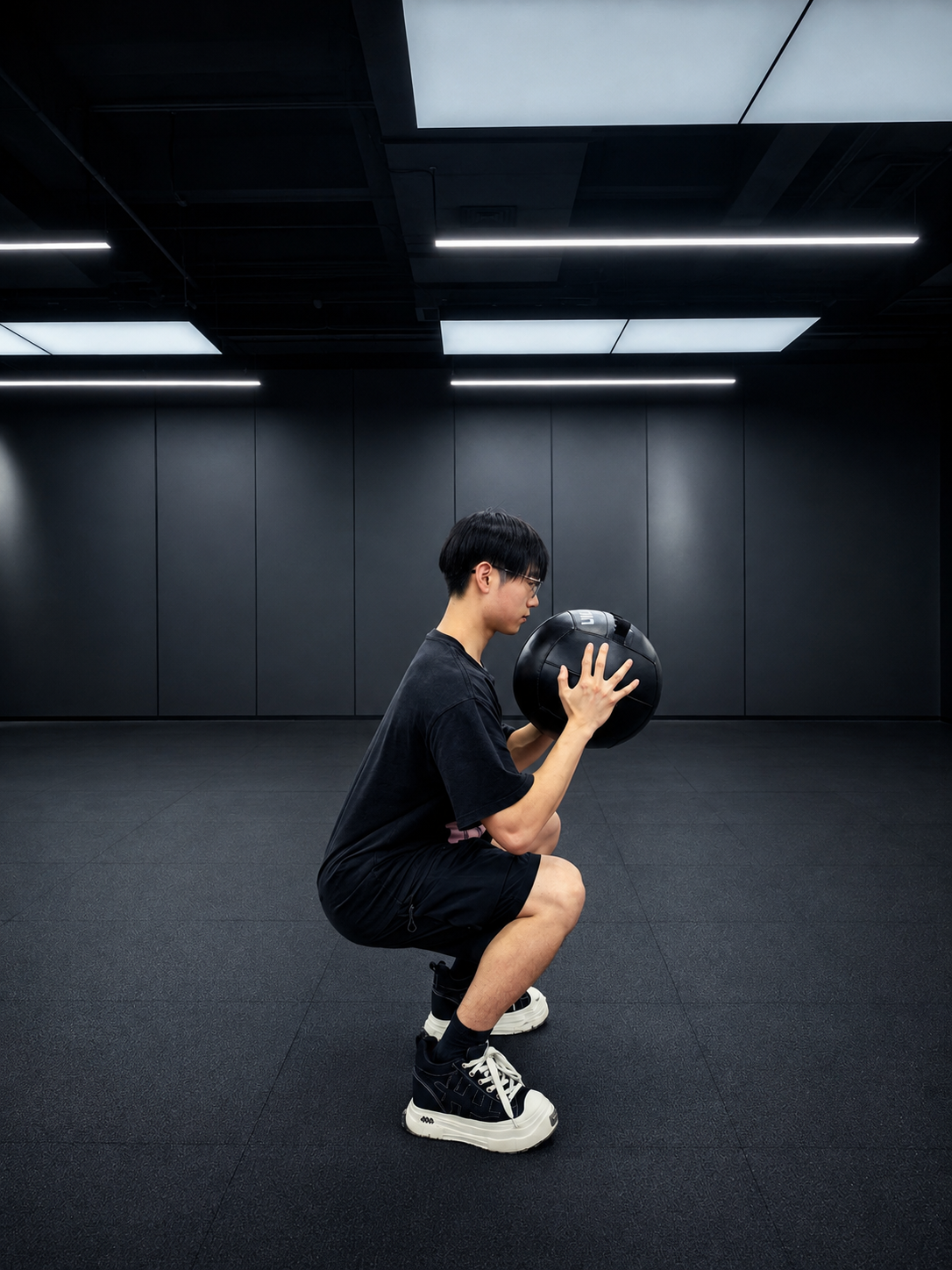 韦代彬在训练空间中进行药球深蹲动作记录